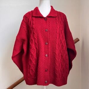 Vintage Chunky Cardigan Red Cable Knit Fisherman Wool Blend Button Front Sweater